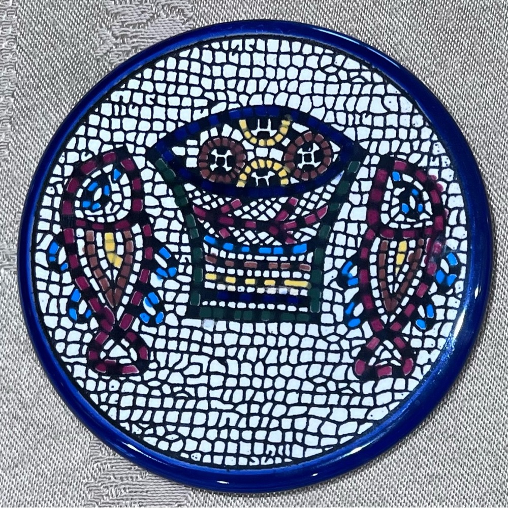 Round Mosaic Ceramic Ornament with Cobalt Rim